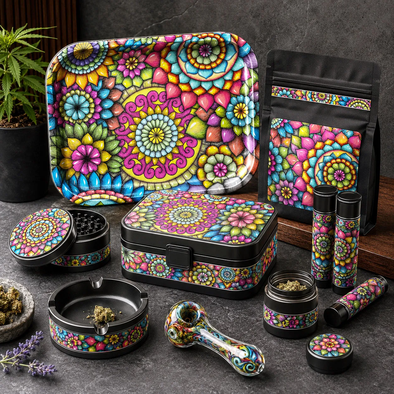 Premium cannabis accessories featuring Mandala Collage 2.