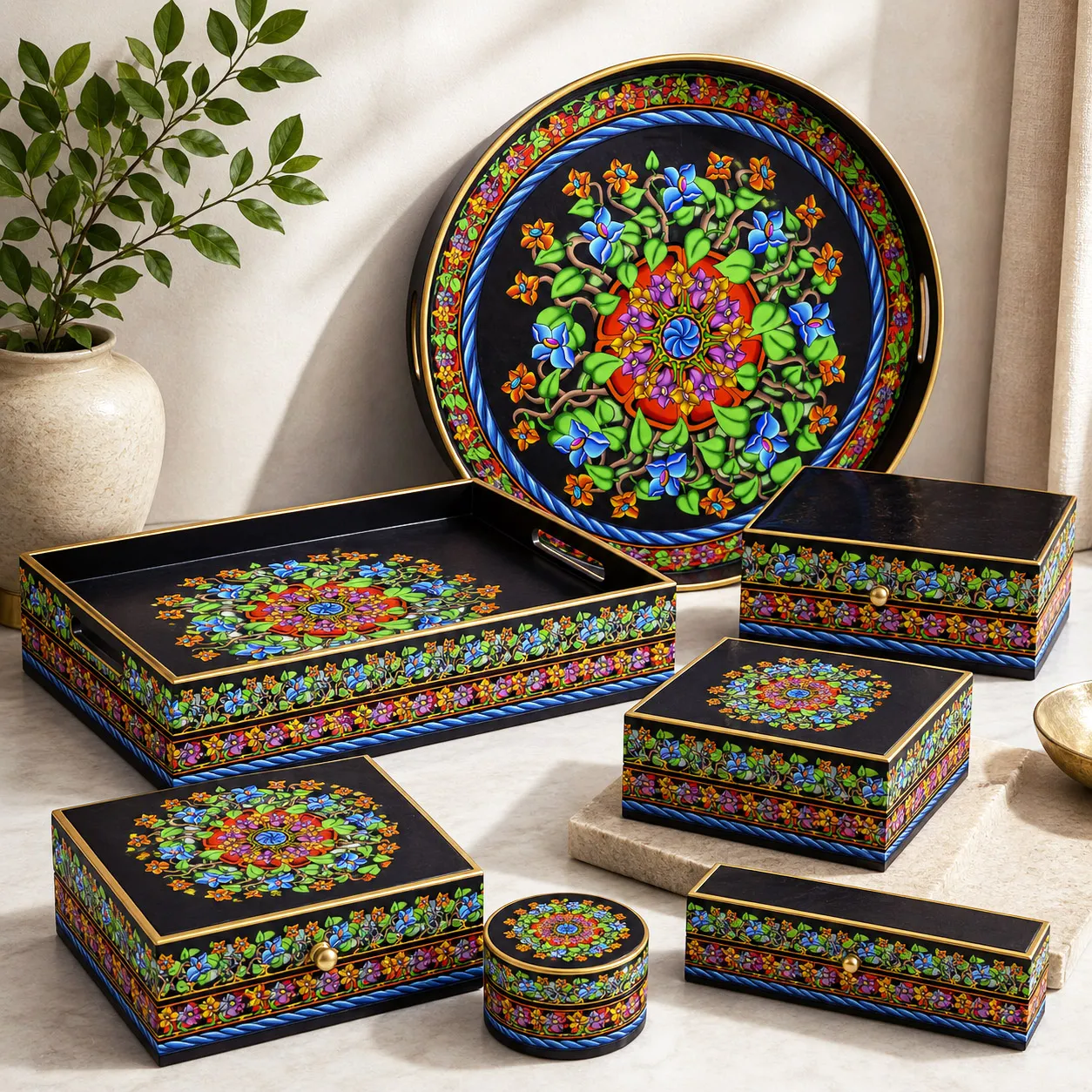 Decorative tray and gift box collection featuring the Wall Flowers design system.