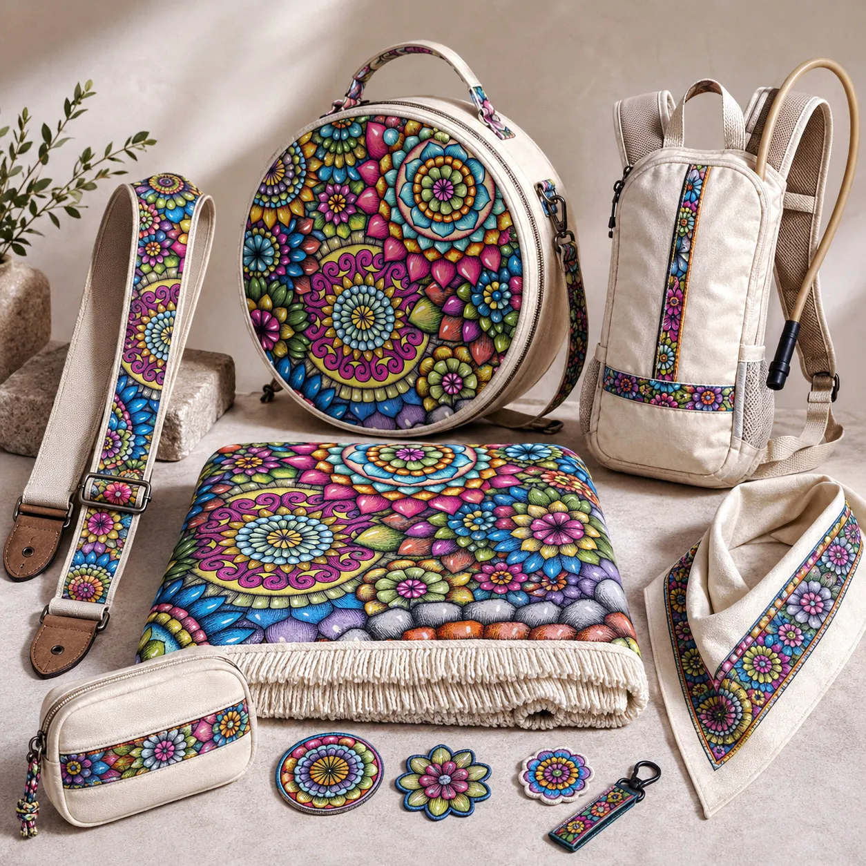 Festival and lifestyle accessories featuring Mandala Collage 2.