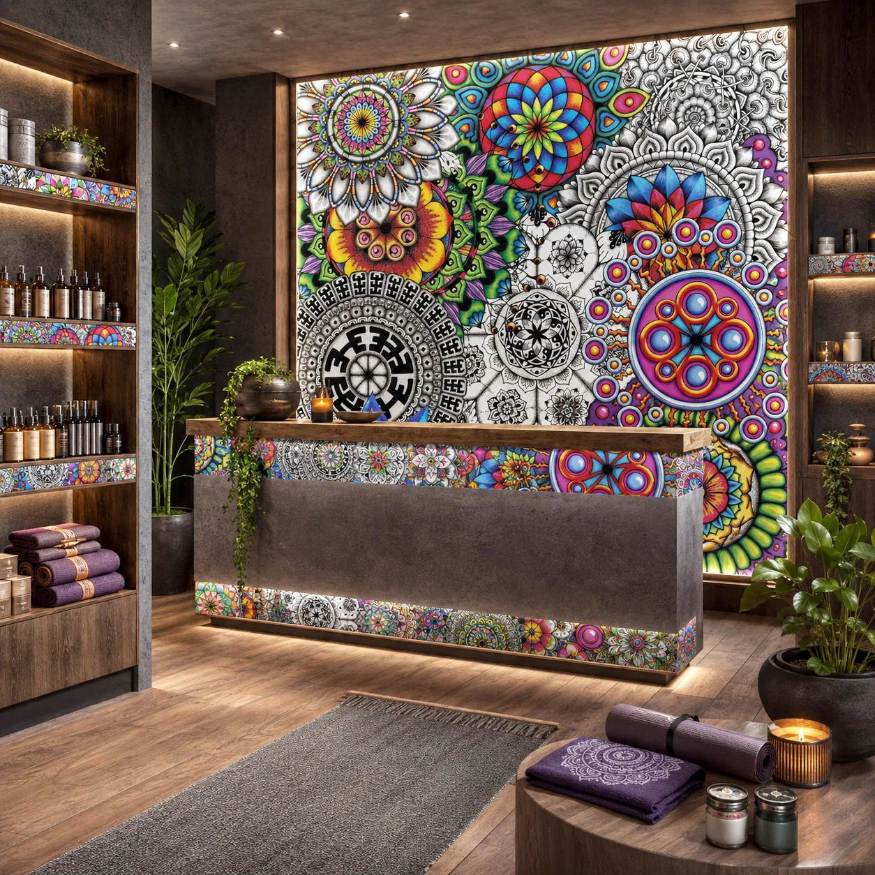 Wellness studio installation featuring Mandala Collage 1.