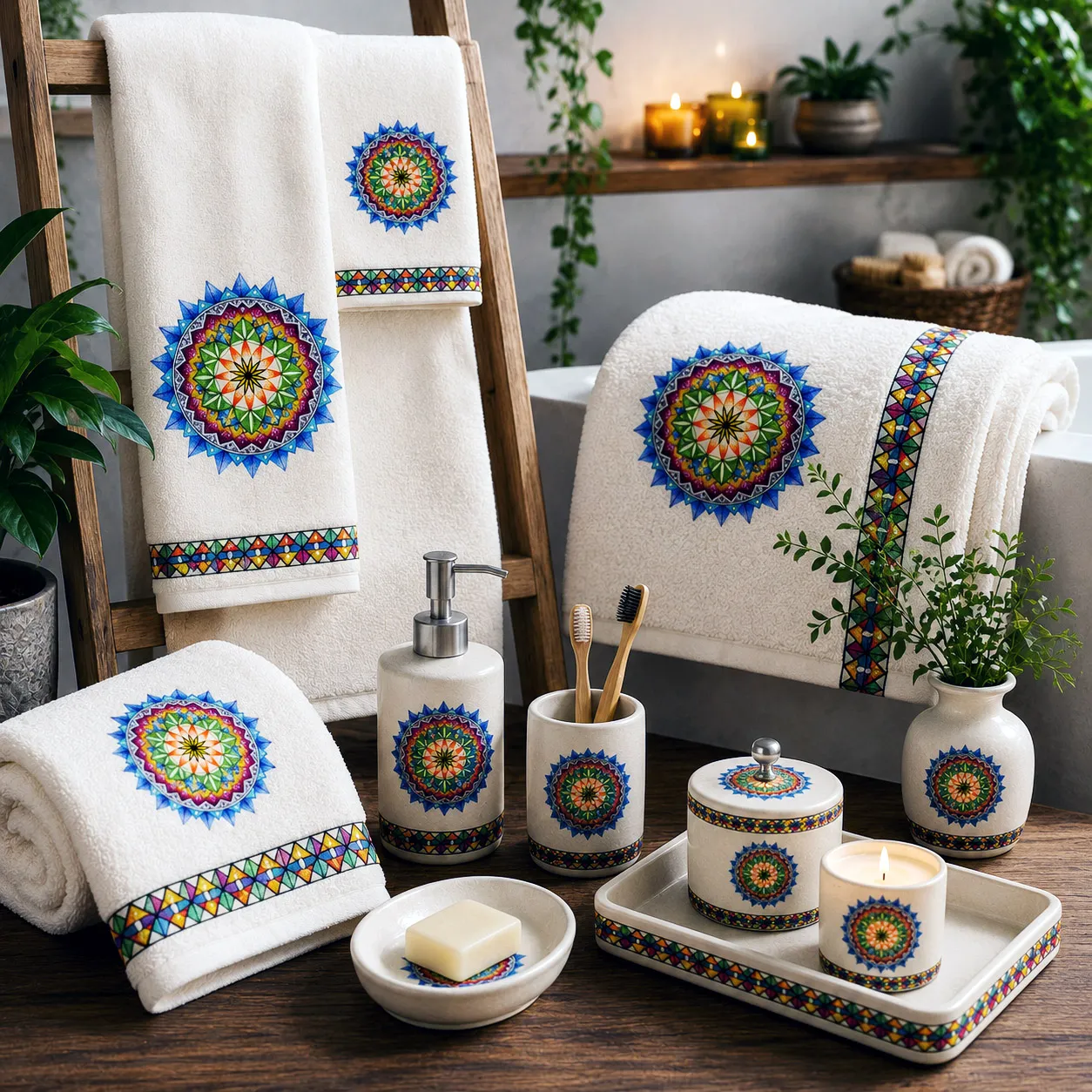 Bed and bath products featuring the 420 Sacred Geometry design system.