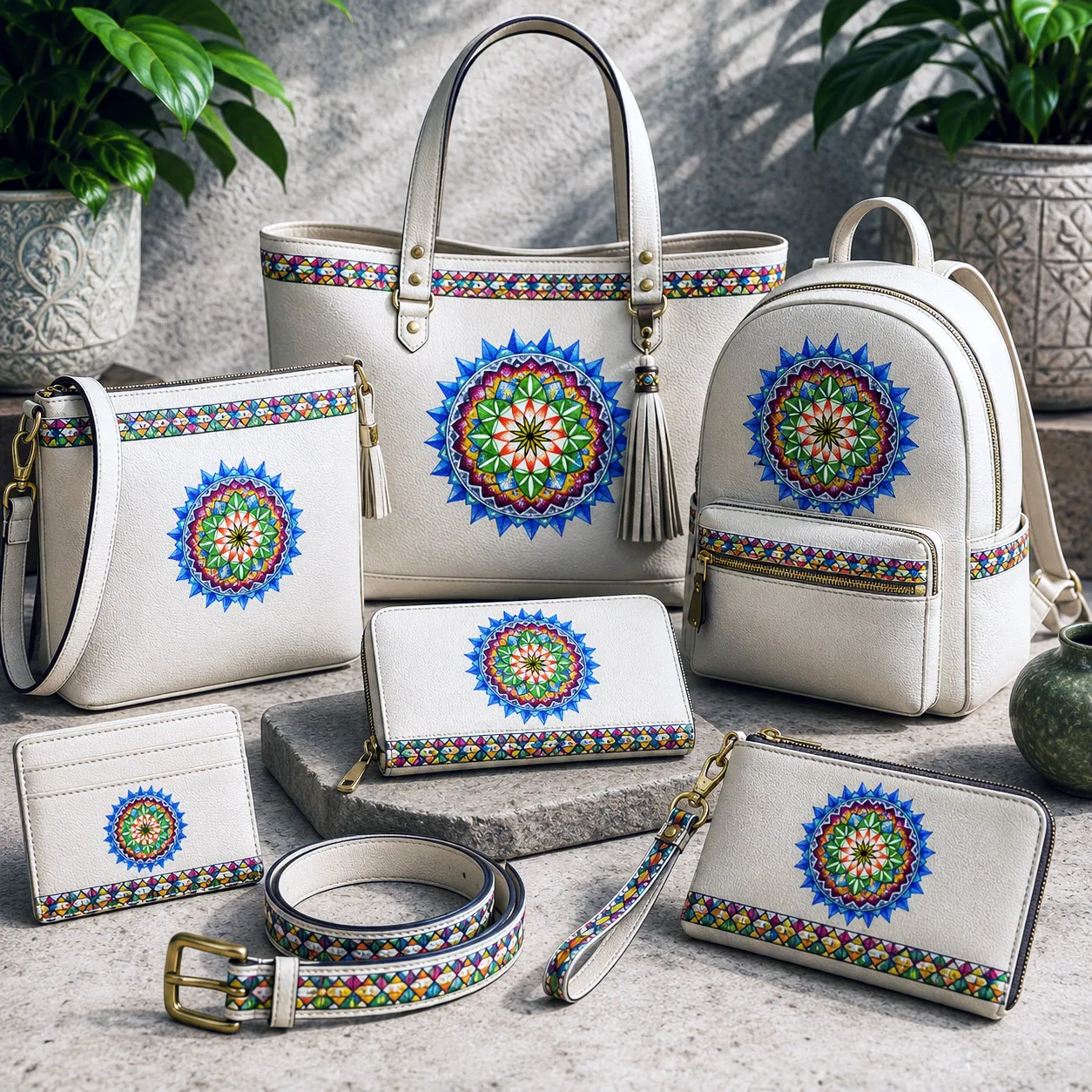 Leather goods and bags featuring the 420 Sacred Geometry design system.