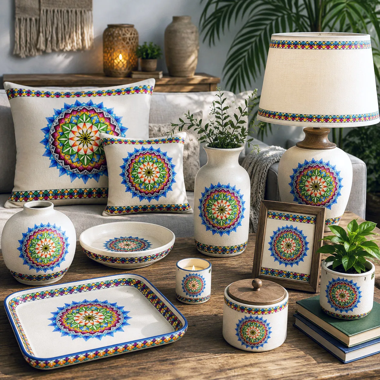 Home decor and textiles featuring the 420 Sacred Geometry design system.