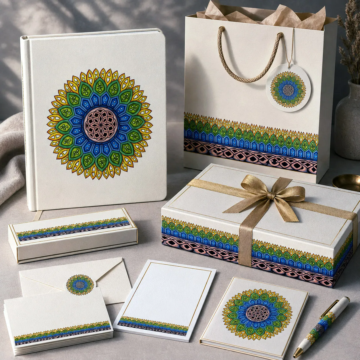 Stationery, journals, and gift packaging featuring the Crown design system.