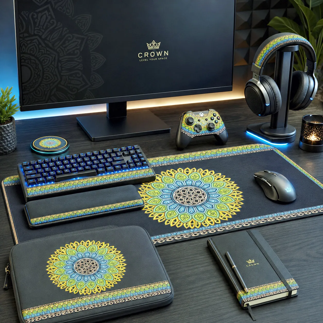 Gaming and desktop accessories featuring the Crown design system.