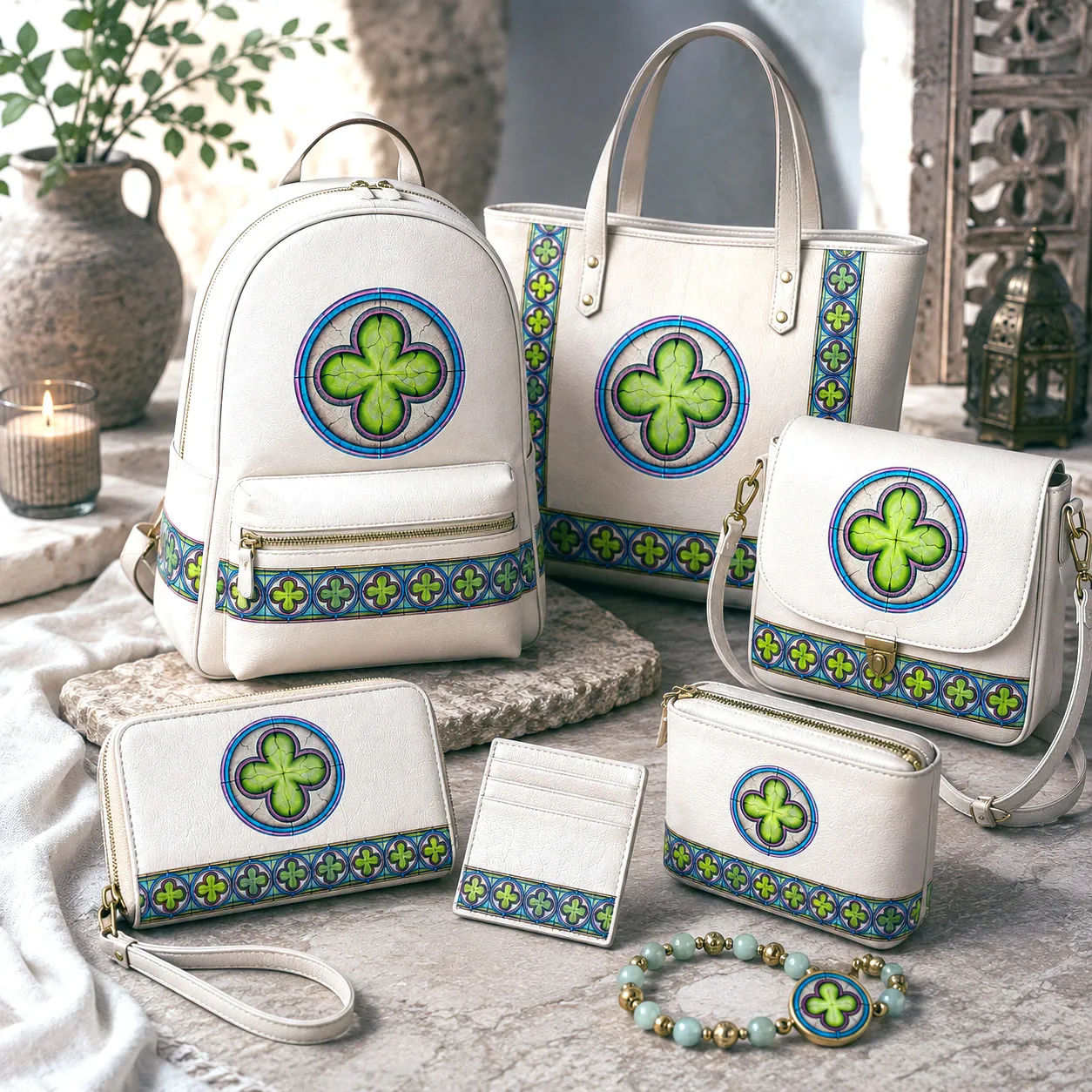 Leather goods and bags featuring the Ancestral Luck design system.