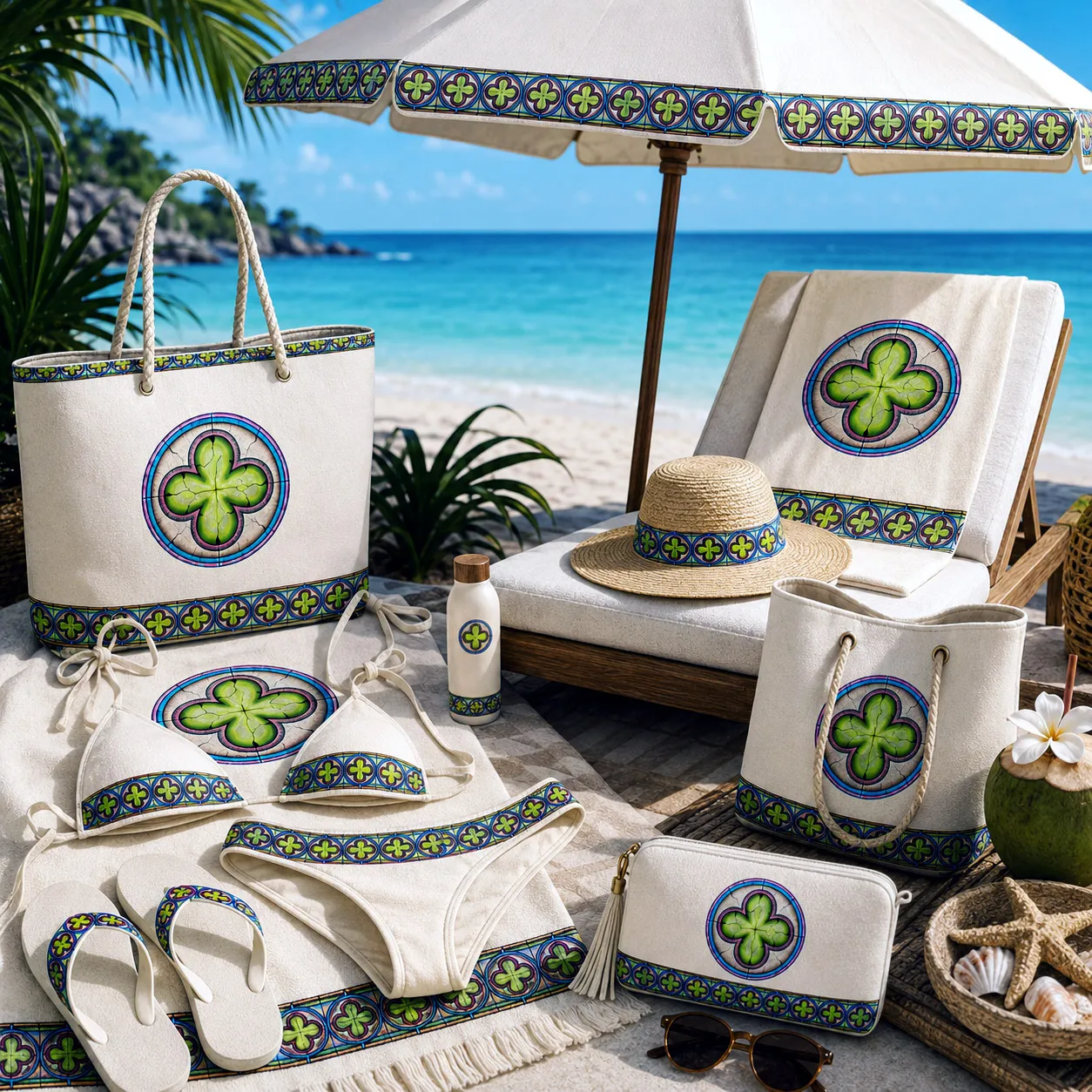 Beach and resort products featuring the Ancestral Luck design system.