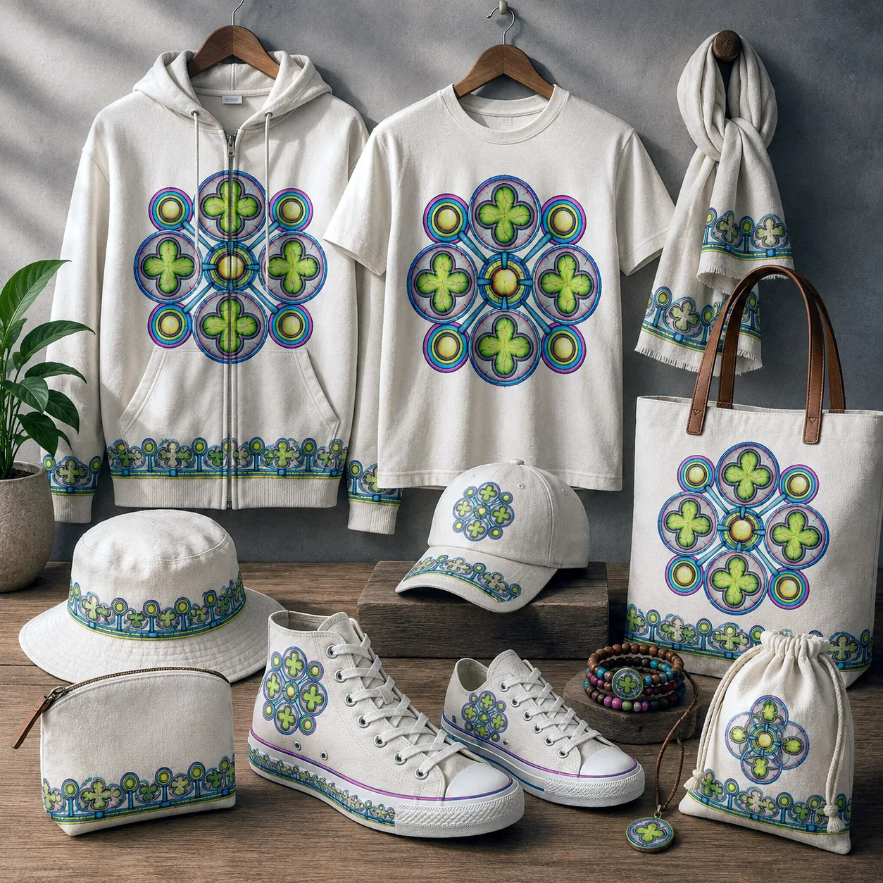 Apparel and accessories featuring the Ancestral Luck design system.