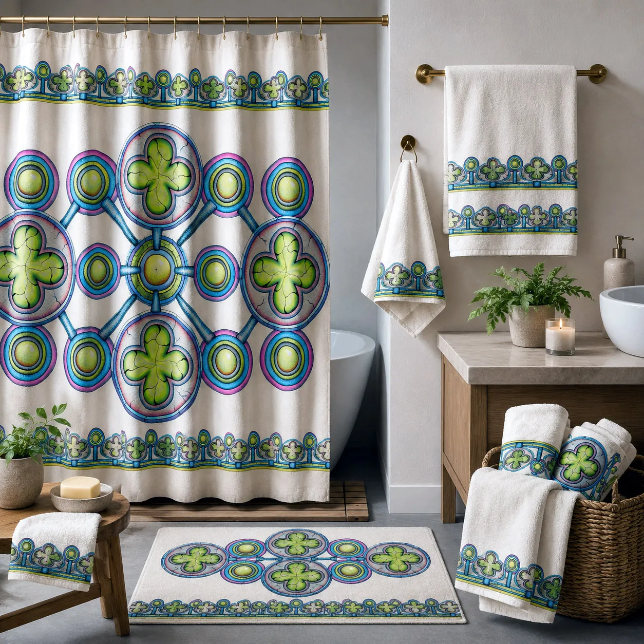 Bed and bath products featuring the Ancestral Luck design system.