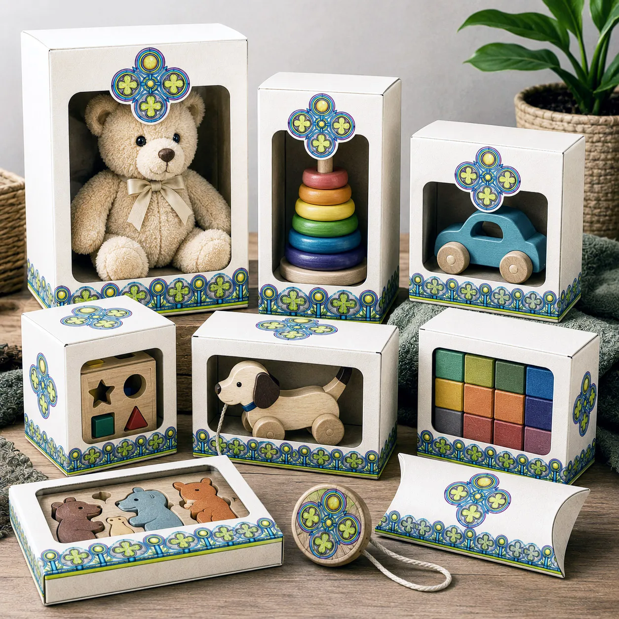 Toy packaging featuring the Ancestral Luck design system.