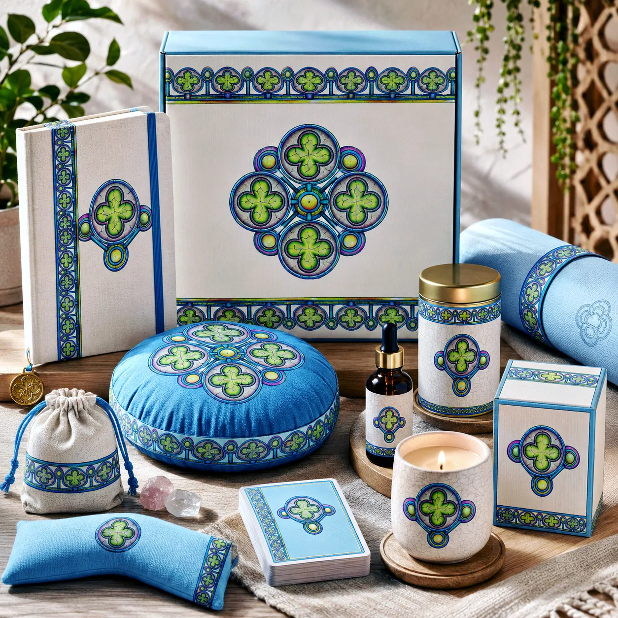 Wellness and self-care products featuring the Ancestral Luck design system.