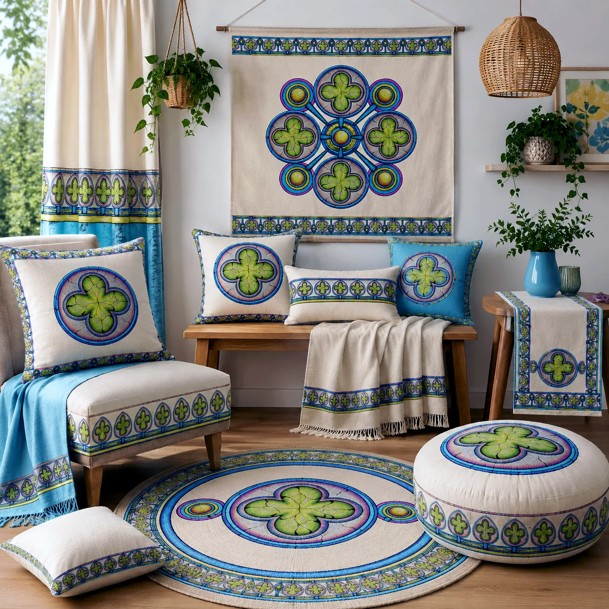 Home textiles and decor featuring the Ancestral Luck design system.