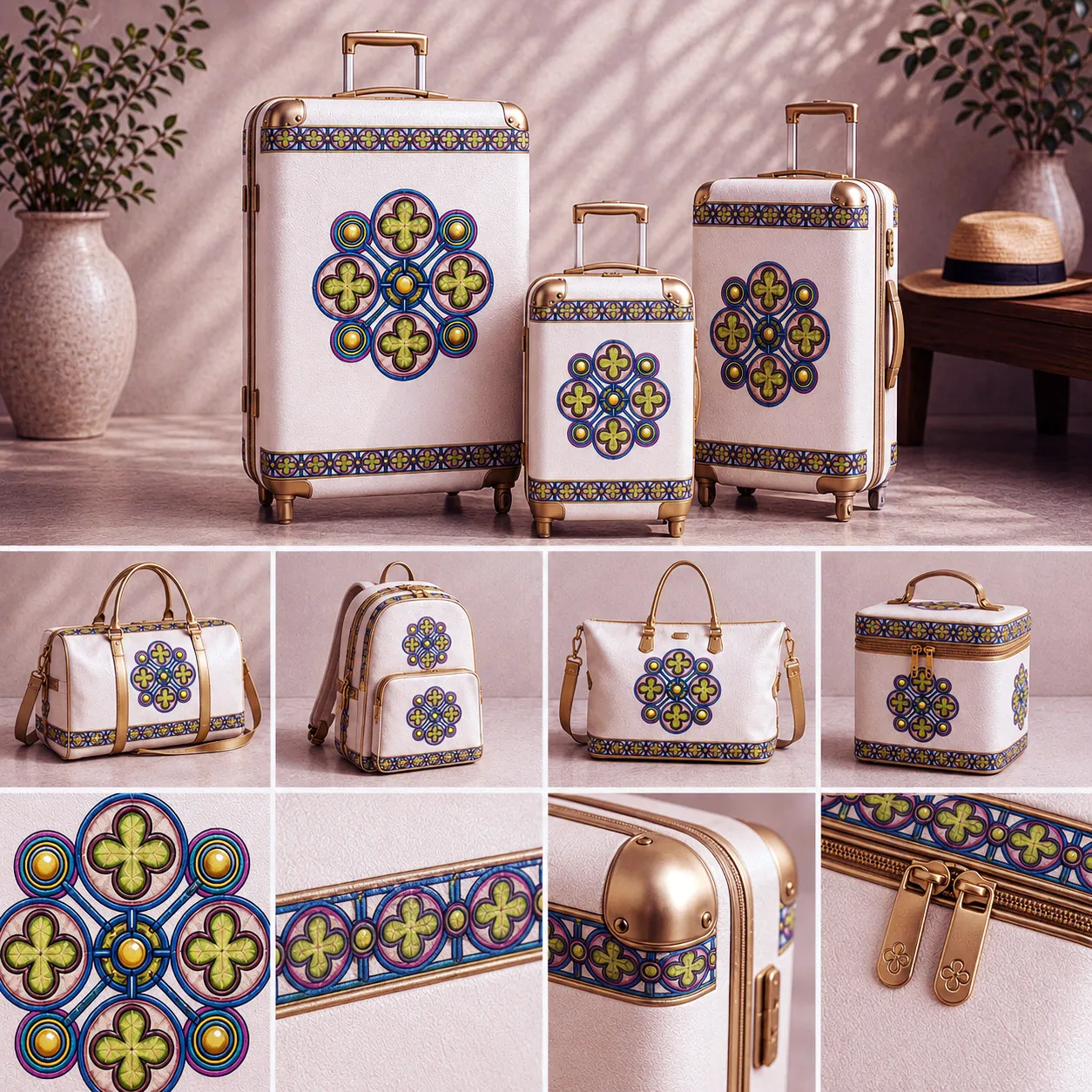 Premium luggage featuring the Ancestral Luck design system.