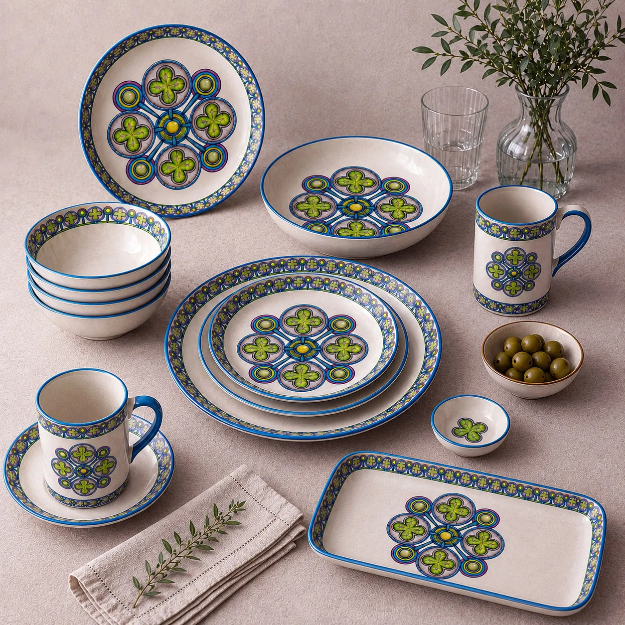 Ceramic tableware featuring the Ancestral Luck design system.