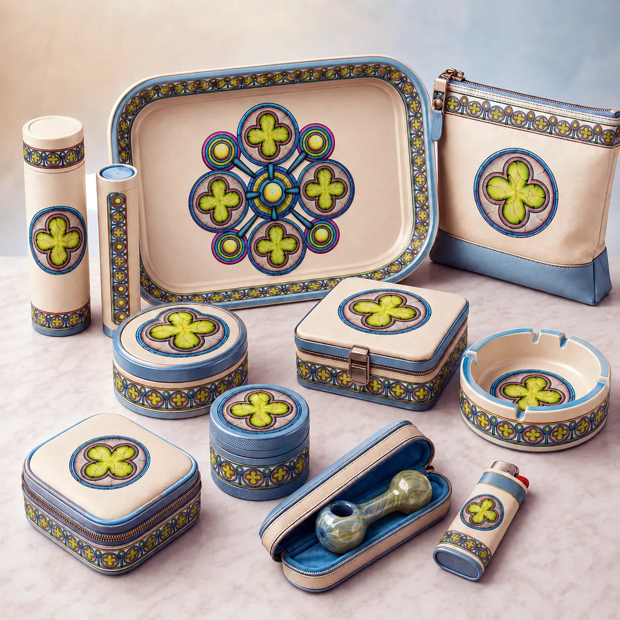 Premium cannabis accessories featuring the Ancestral Luck design system.