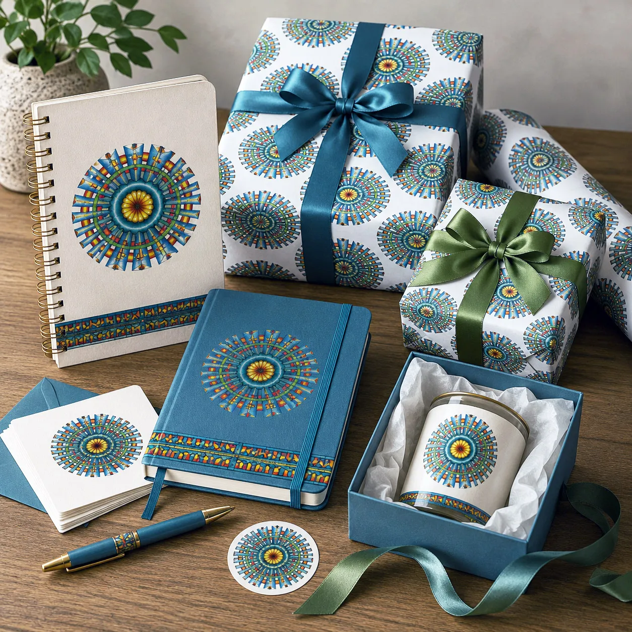 Stationery, journals, and gift packaging featuring the Spokin design system.