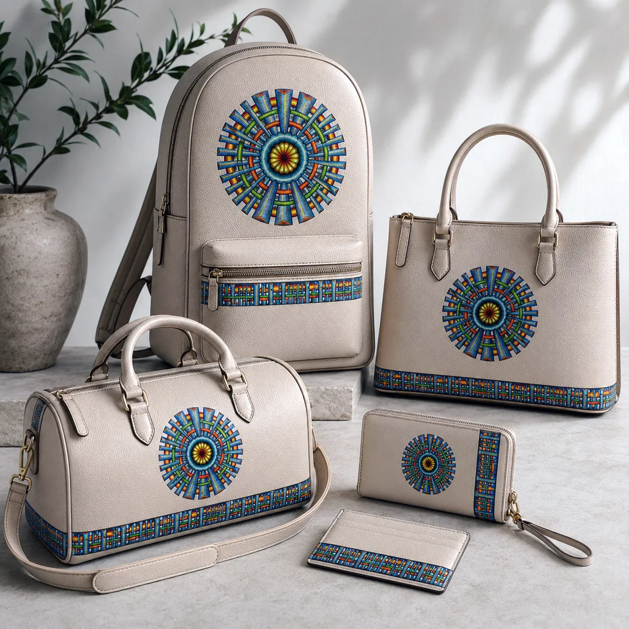 Leather goods and bags featuring the Spokin design system.