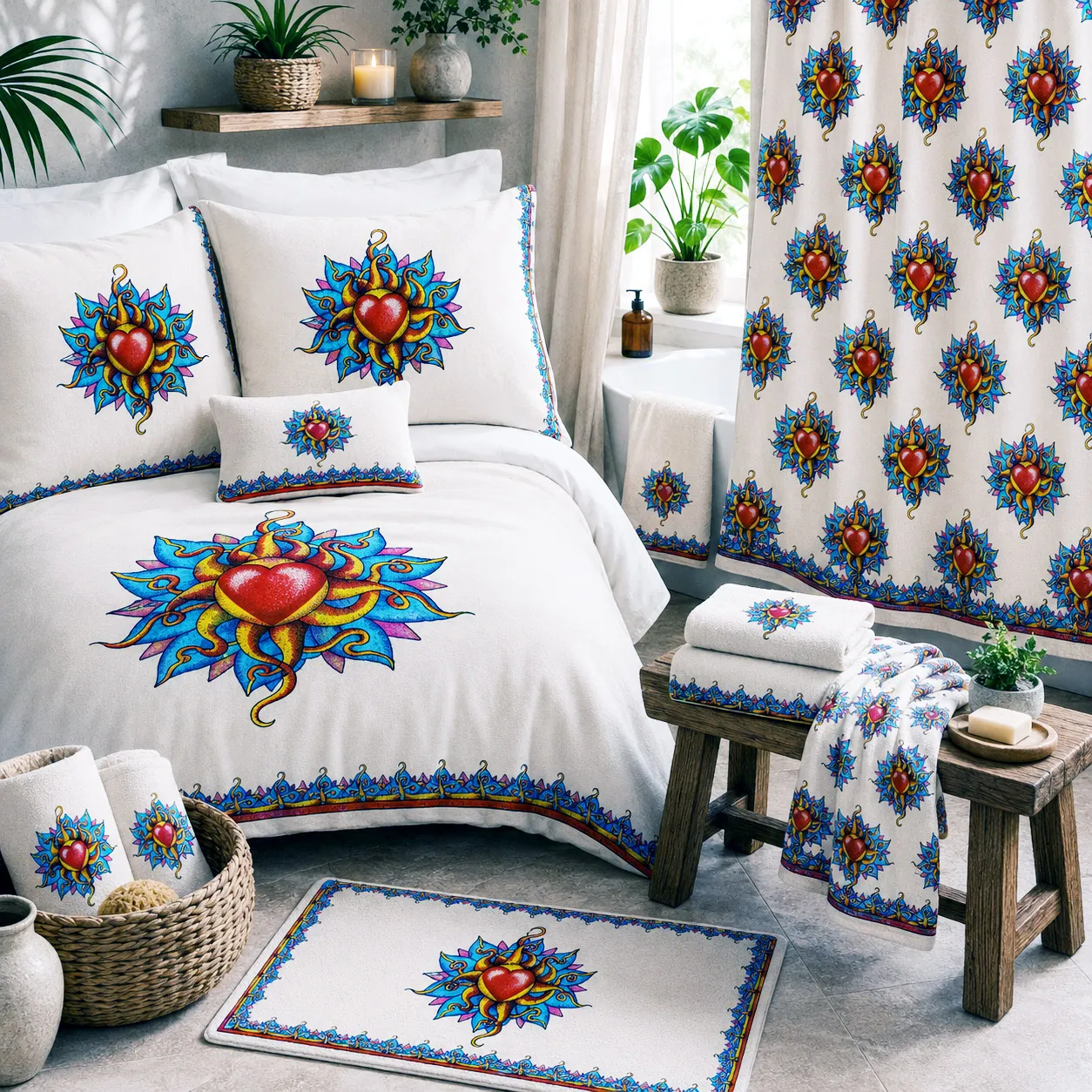 Bed and bath products featuring the Wild At Heart design system.