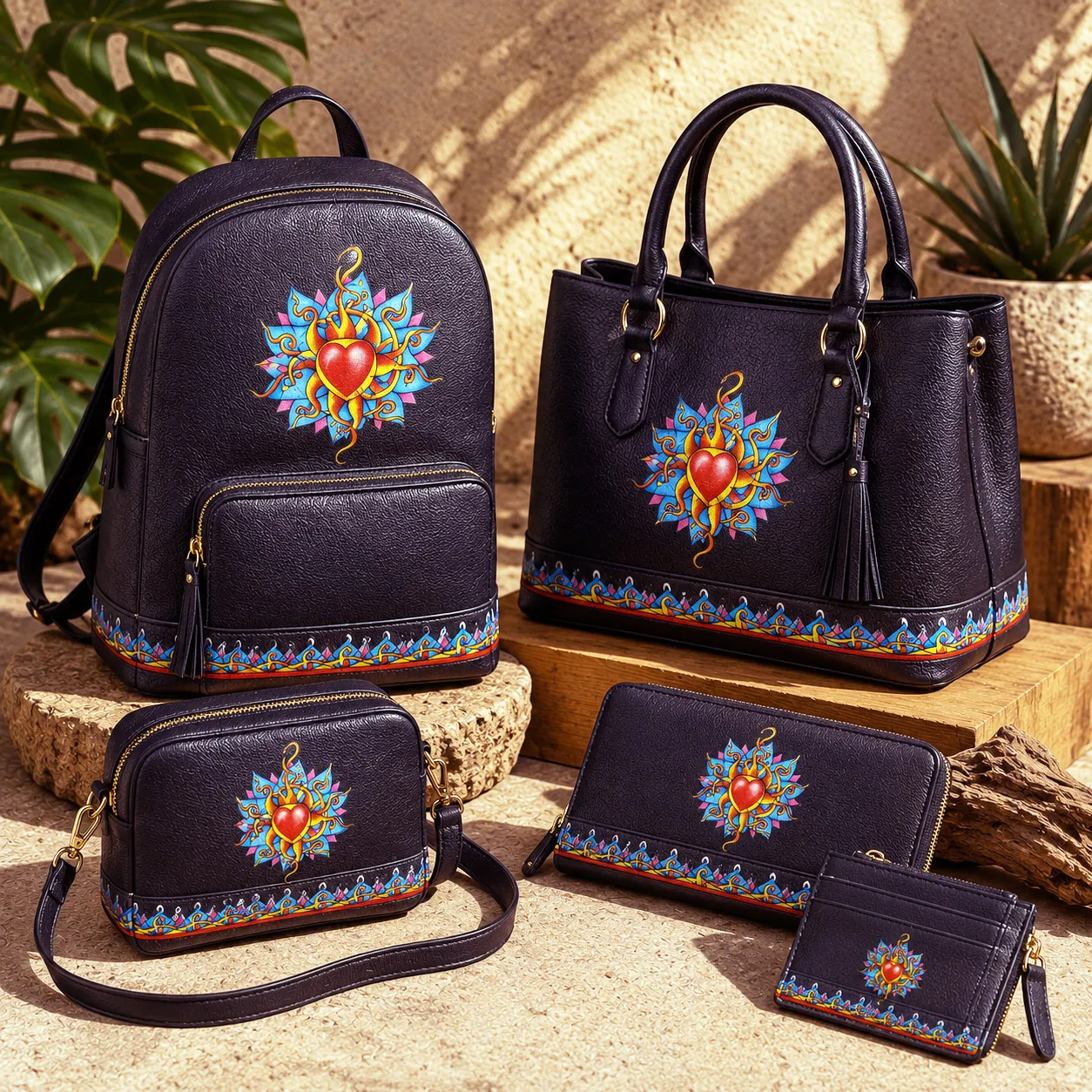 Leather goods and bags featuring the Wild At Heart design system.