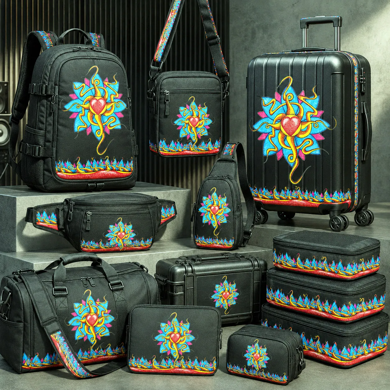 Premium luggage featuring the Wild At Heart design system.
