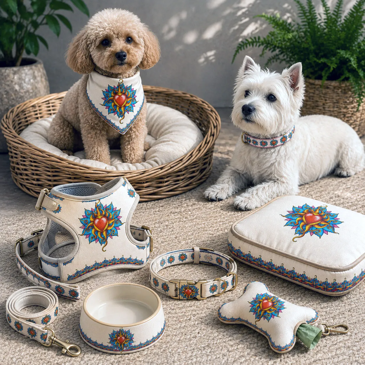 Pet accessories featuring the Wild At Heart design system.