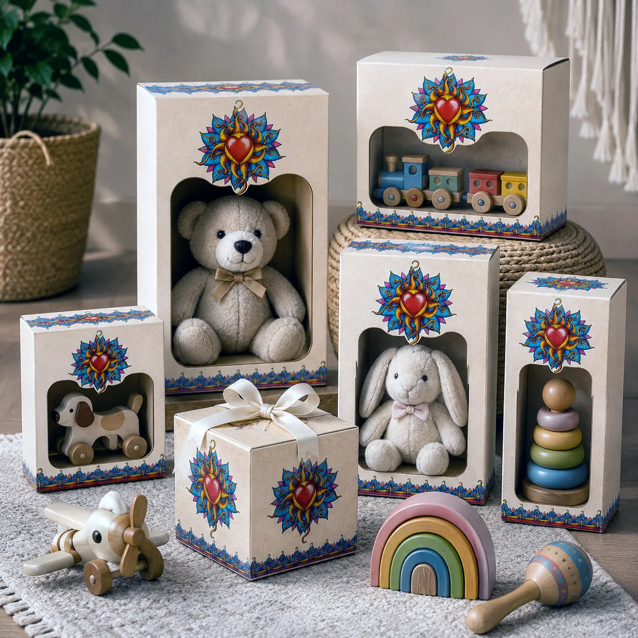 Toy packaging featuring the Wild At Heart design system.