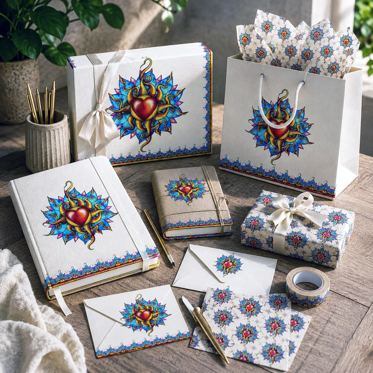 Stationery, journals, and gift packaging featuring the Wild At Heart design system.