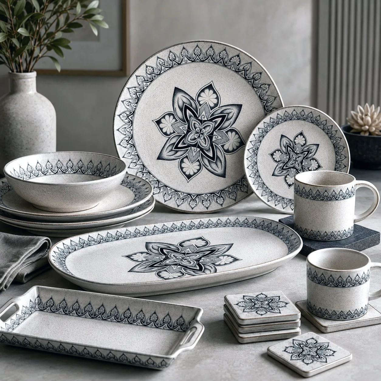 Ceramic tableware featuring the Sea Star design system.