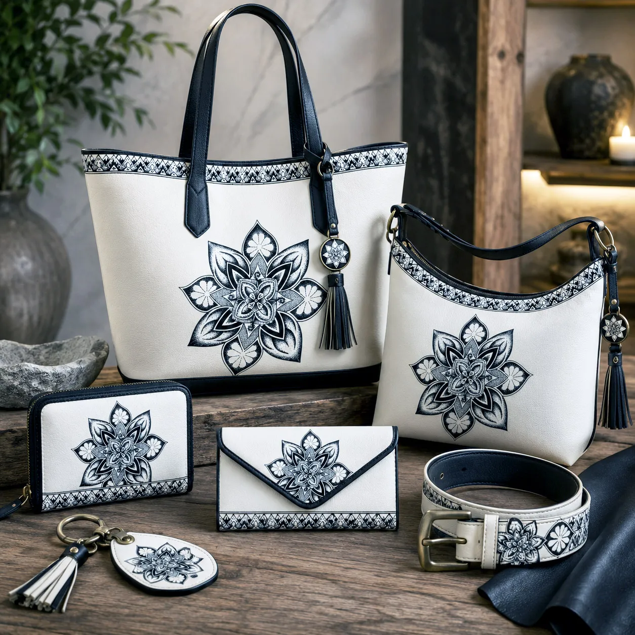 Leather goods and bags featuring the Sea Star design system.