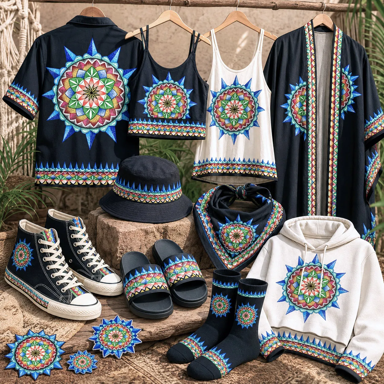 Apparel and accessories featuring the 420 Sacred Geometry design system.