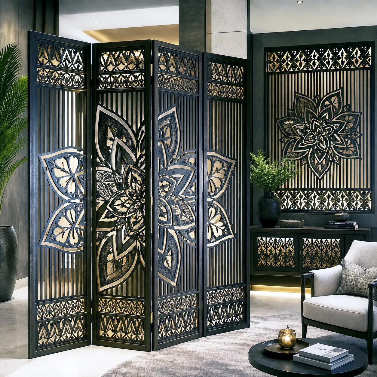 Laser-cut screens and room dividers featuring the Sea Star design system.