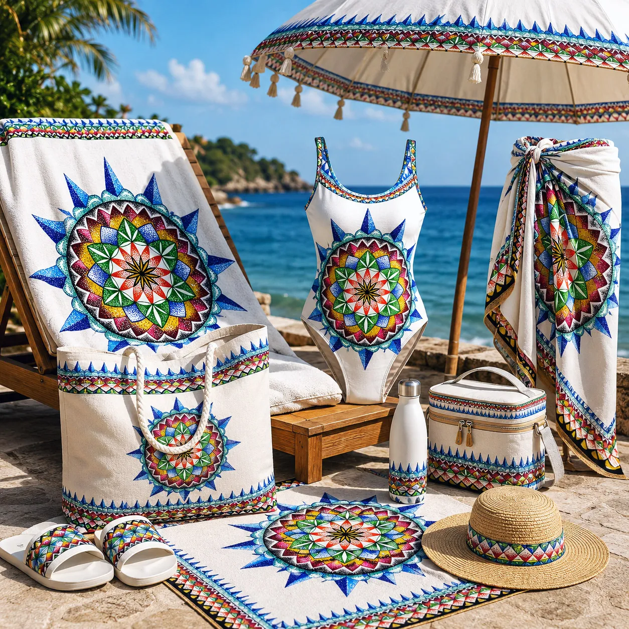Beach and resort products featuring the 420 Sacred Geometry design system.