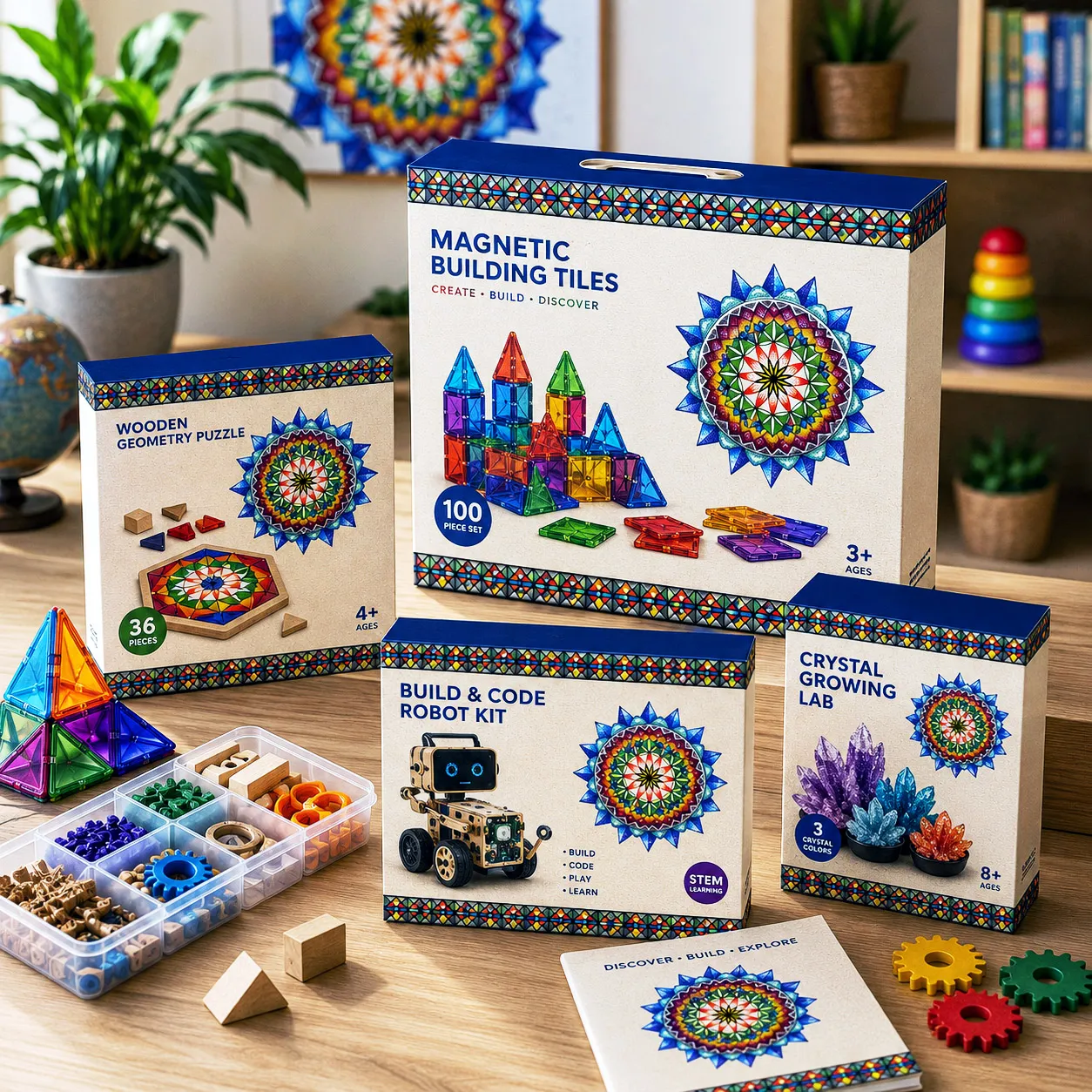STEM and toy packaging featuring the 420 Sacred Geometry design system.