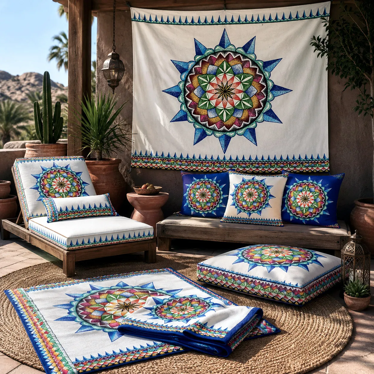 Outdoor living and home textile products featuring the 420 Sacred Geometry design system.