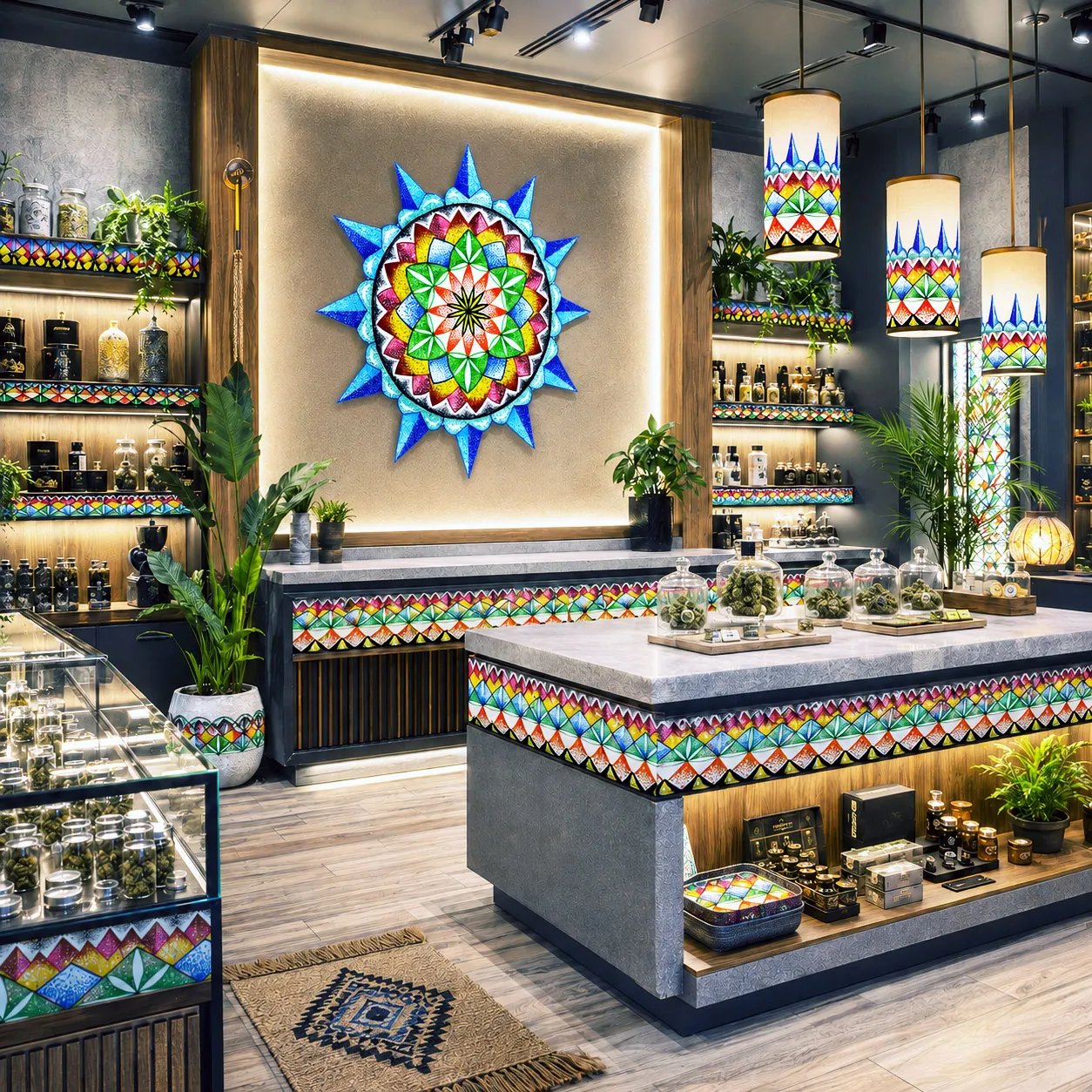 Cannabis dispensary interior featuring the 420 Sacred Geometry design system.