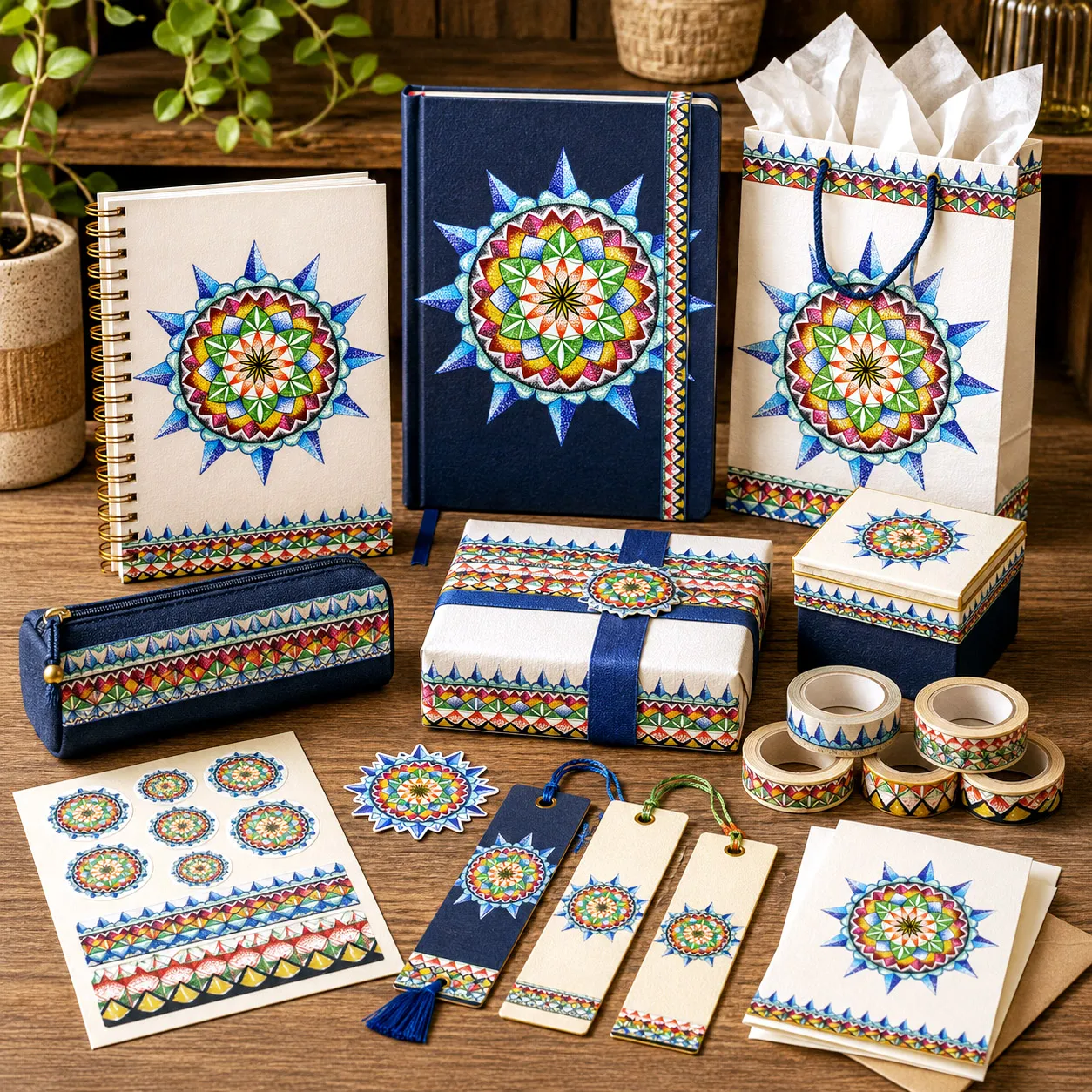 Stationery, journals, and gift packaging featuring the 420 Sacred Geometry design system.