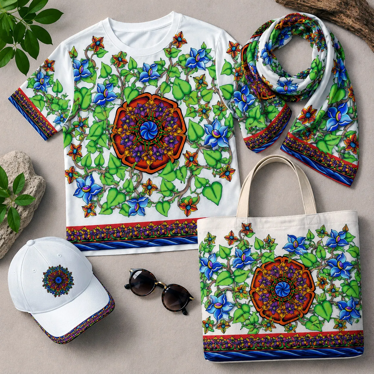 Apparel and accessories featuring the Wall Flowers design system.