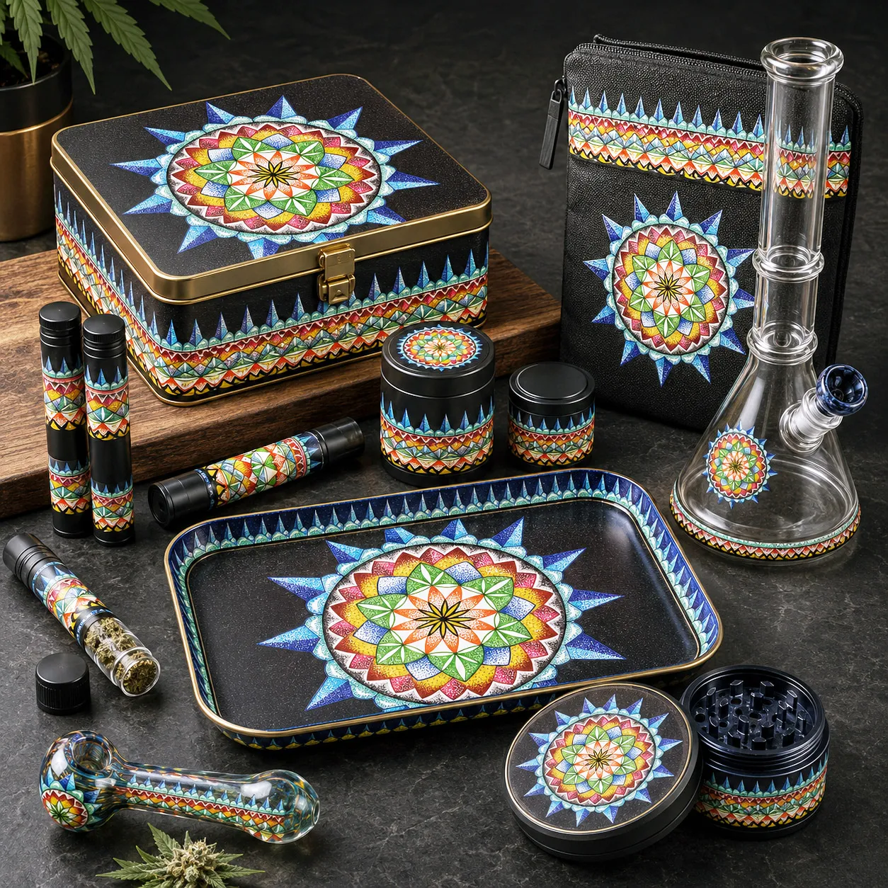 Premium cannabis accessories featuring the 420 Sacred Geometry design system.