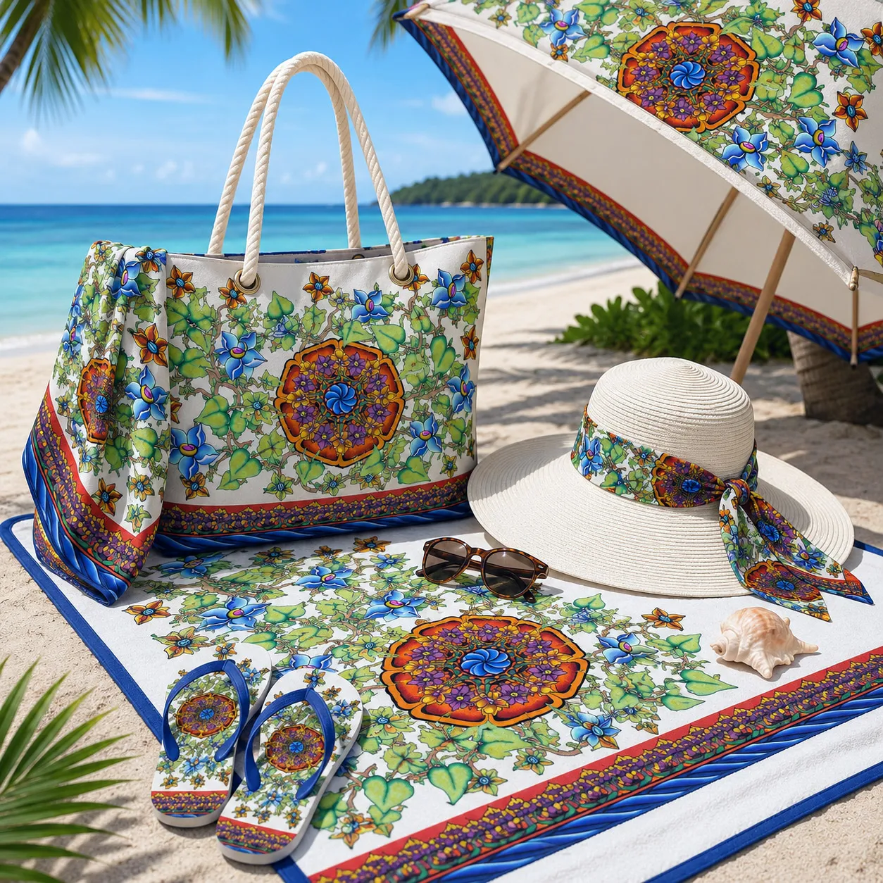 Beach and resort products featuring the Wall Flowers design system.