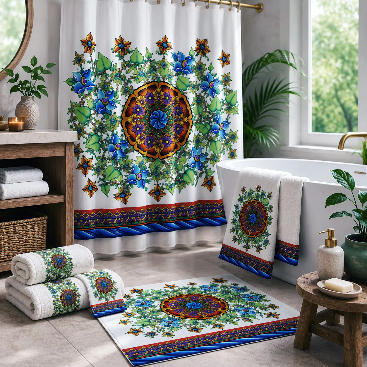Bed and bath products featuring the Wall Flowers design system.