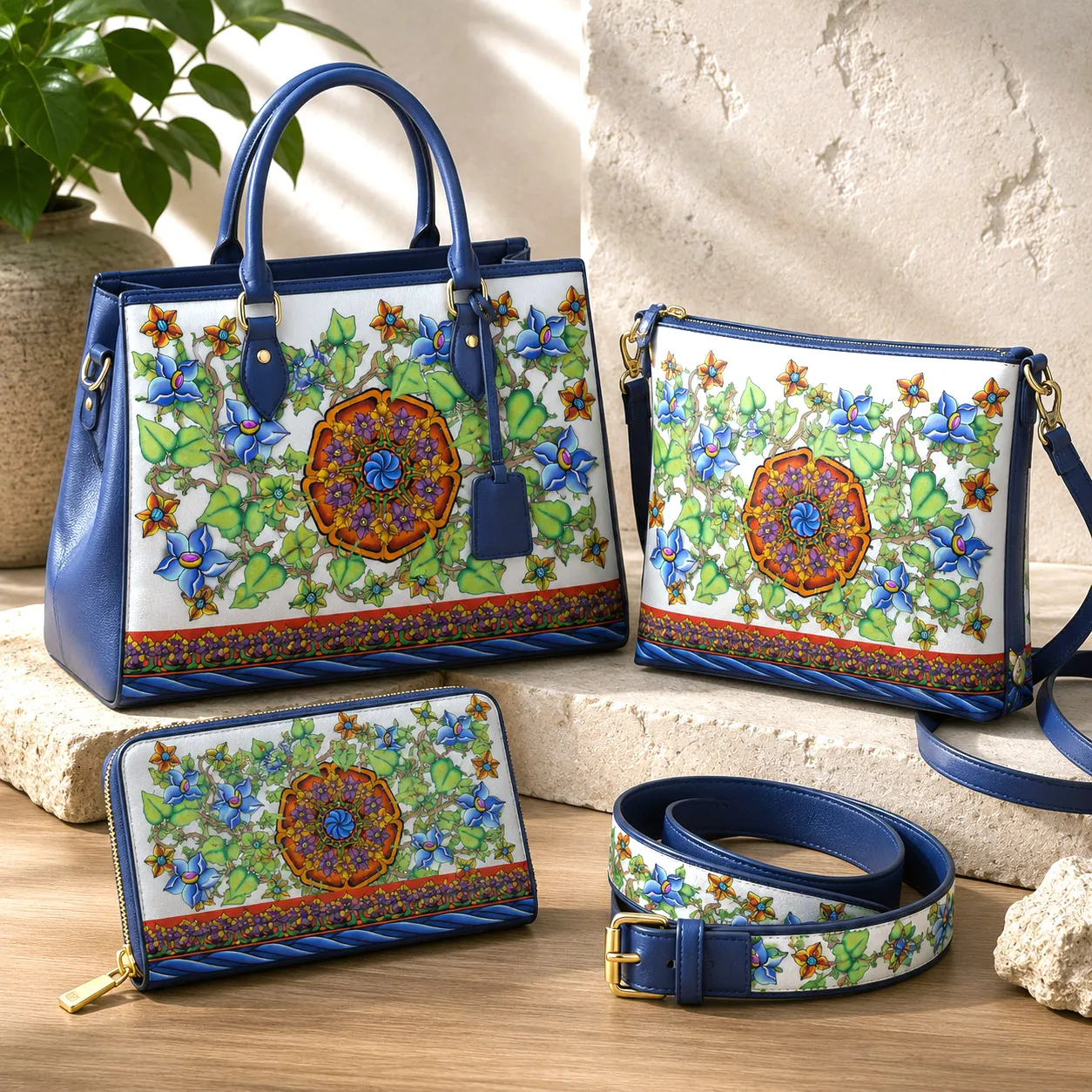 Leather goods and bags featuring the Wall Flowers design system.