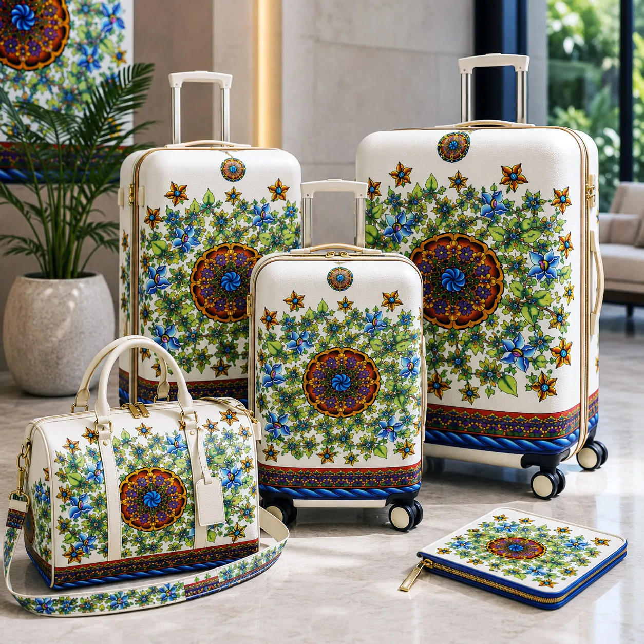 Premium luggage featuring the Wall Flowers design system.