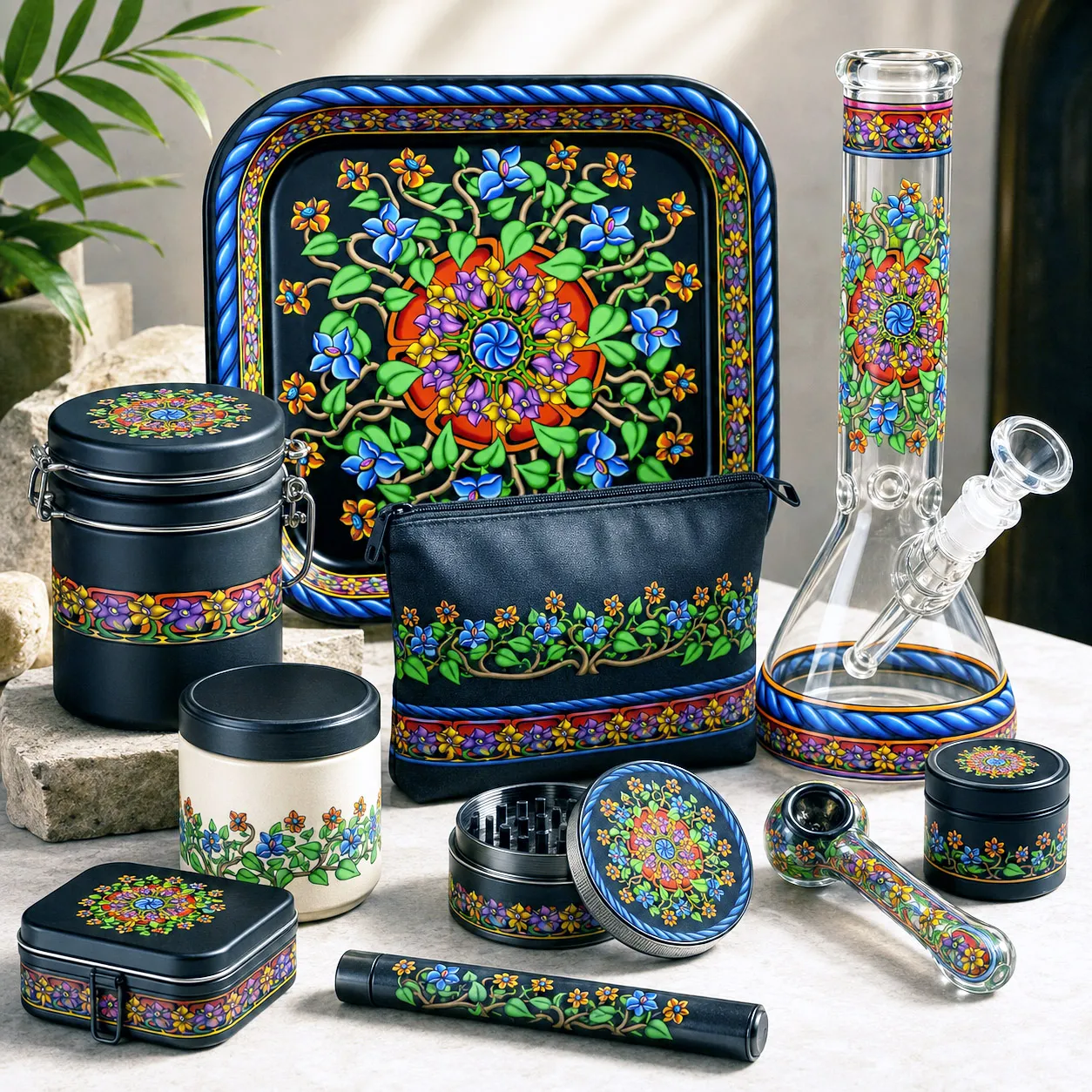 Cannabis lifestyle products featuring the Wall Flowers design system.