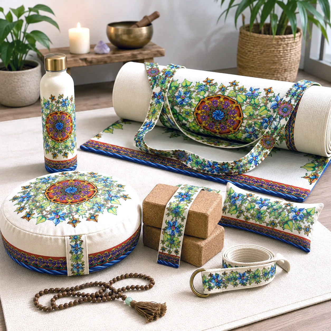 Yoga, meditation, and wellness products featuring the Wall Flowers design system.