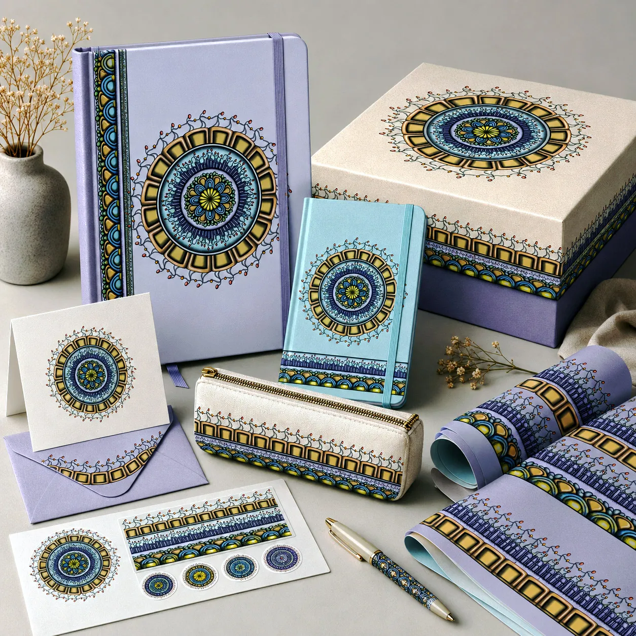 Premium stationery, journals, and gift packaging featuring the Together design system.
