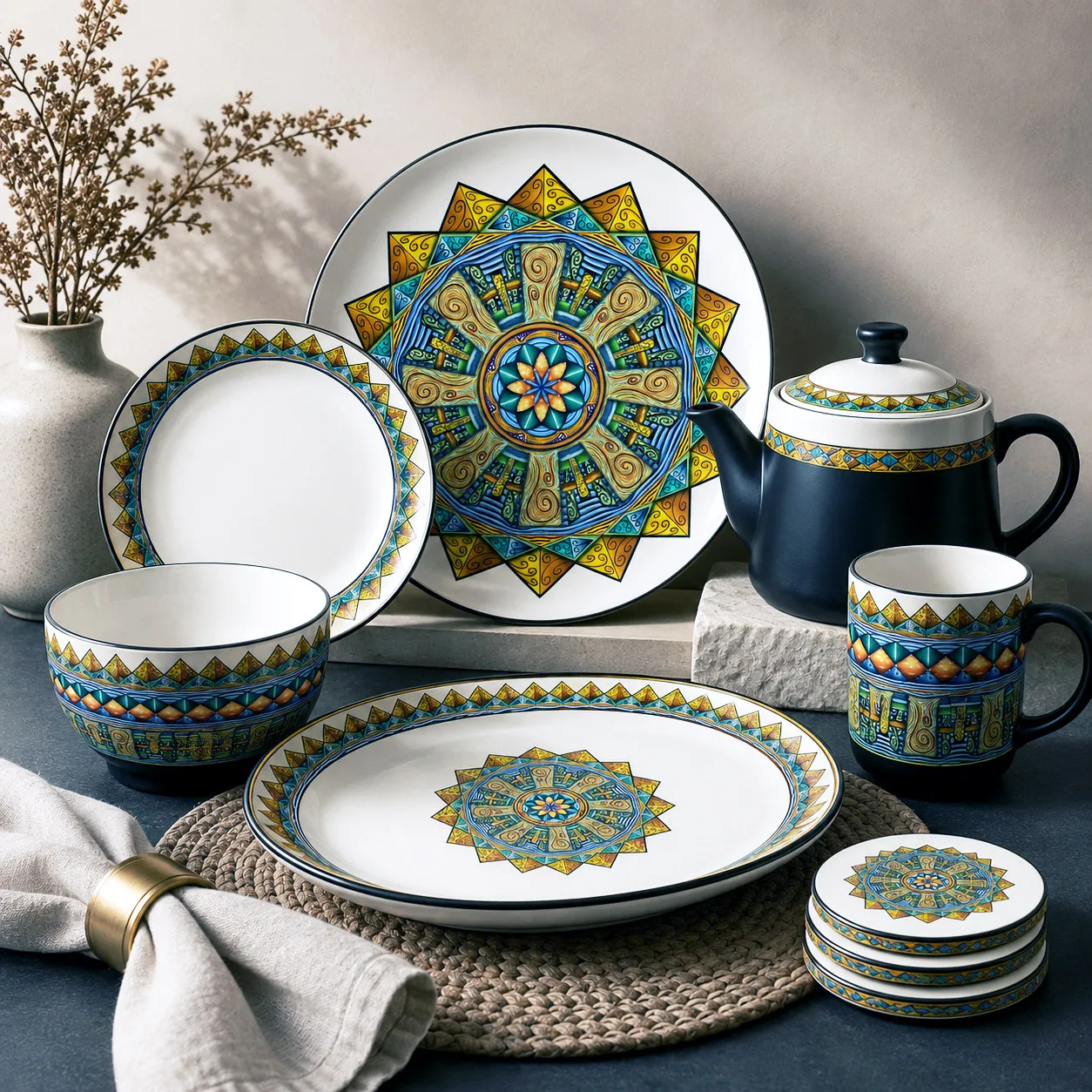 Ceramic tableware featuring the Spokin With design system.