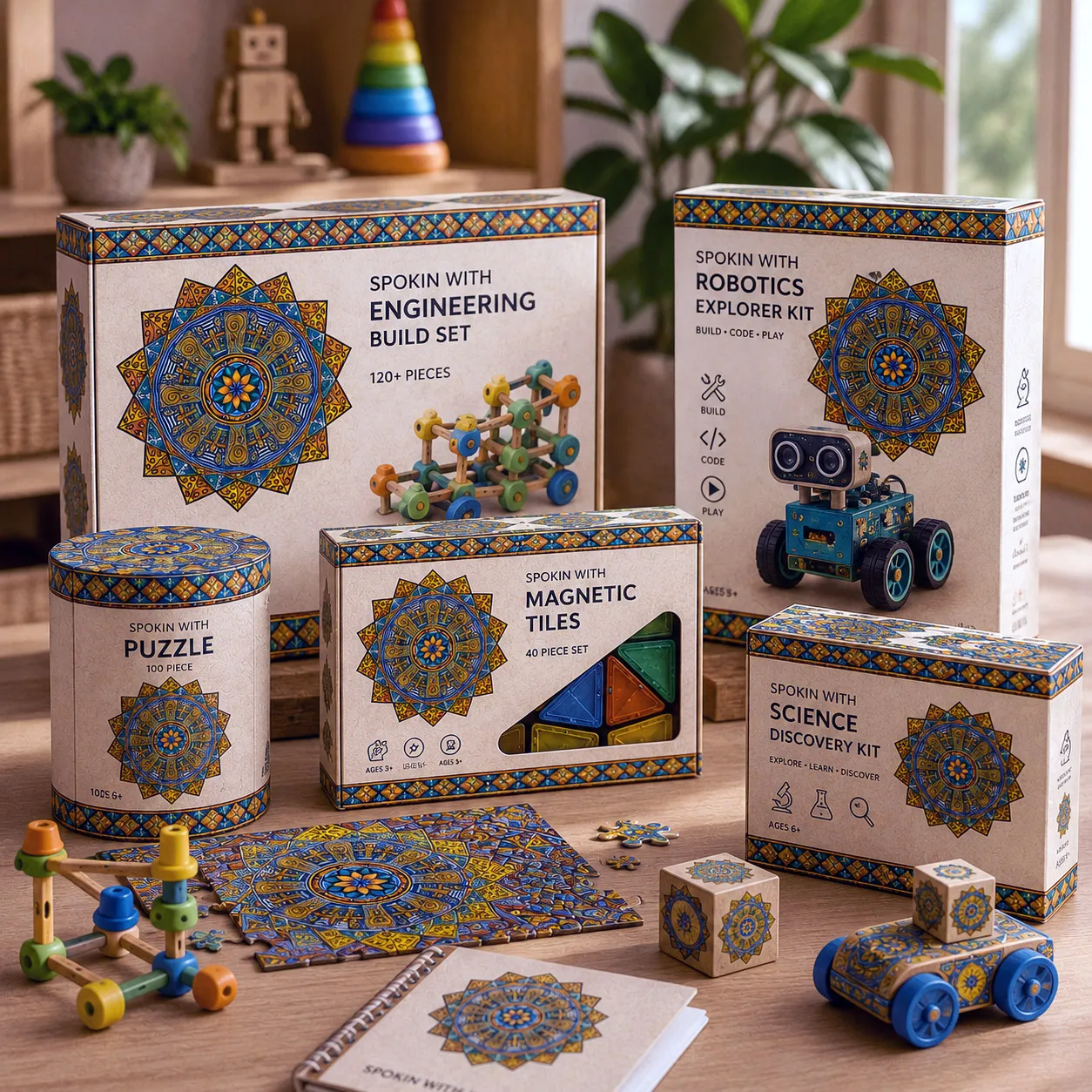 STEM and toy packaging featuring the Spokin With design system.