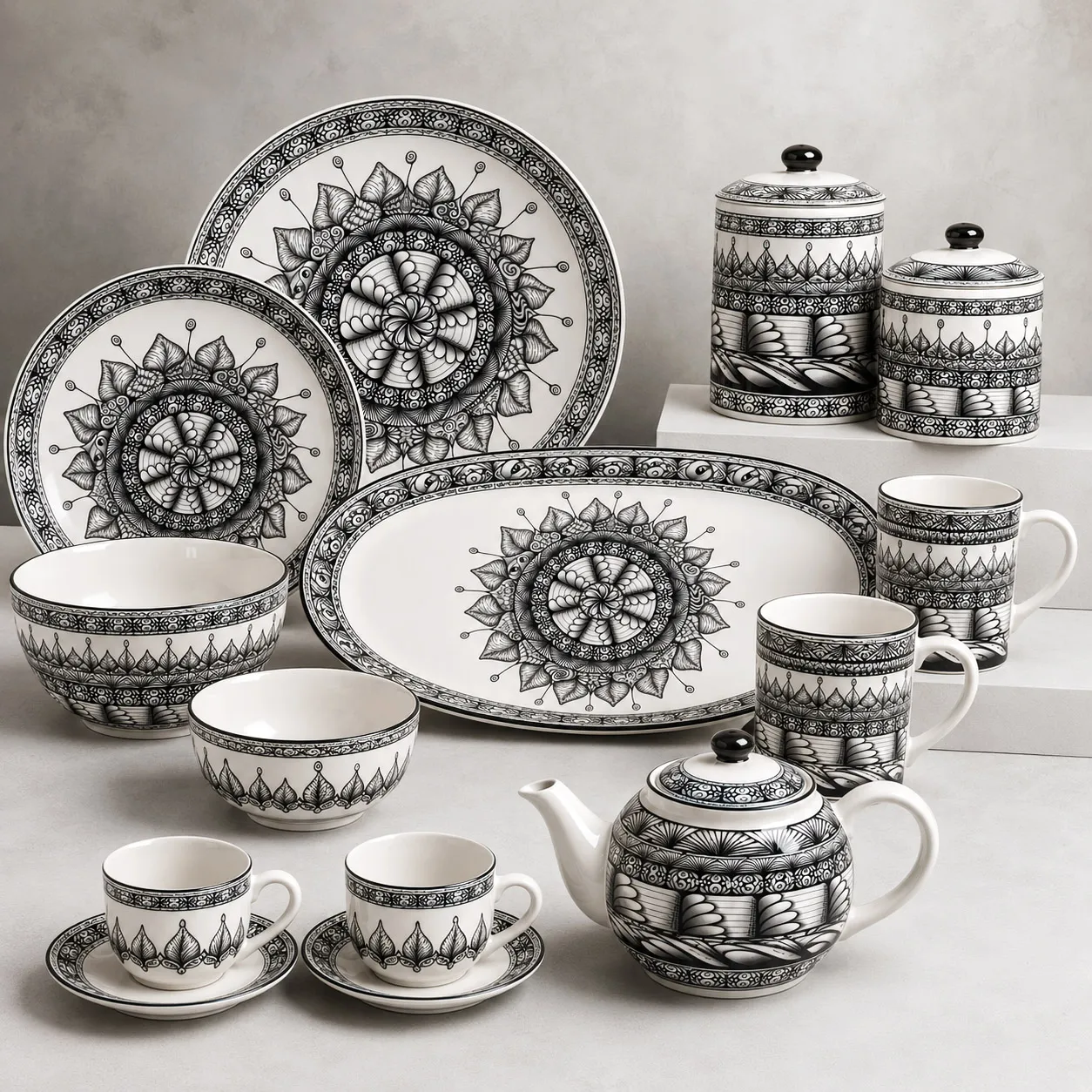 Ceramic tableware featuring the Mesmerize design system.