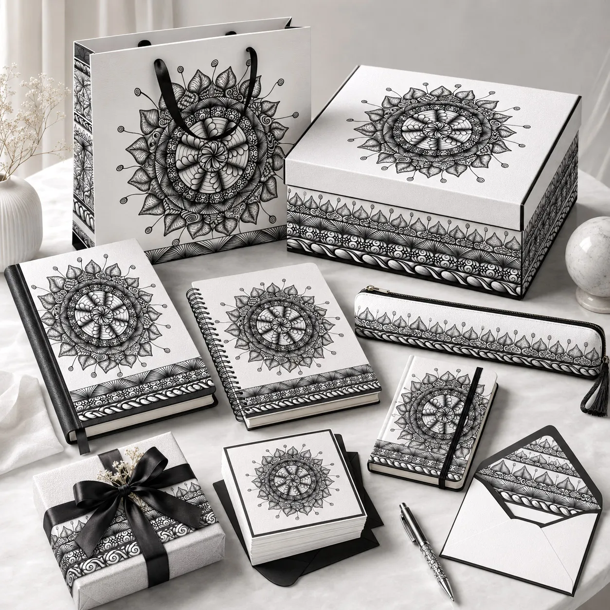 Journals, stationery, and gift packaging featuring the Mesmerize design system.