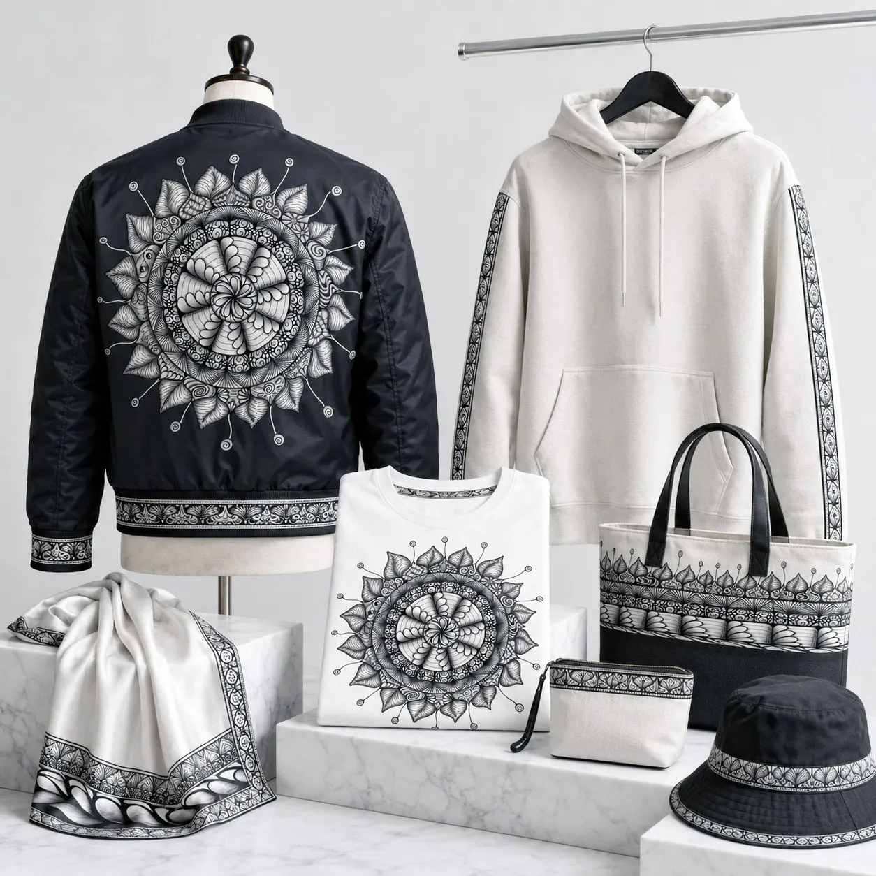 Apparel and accessories featuring the Mesmerize design system.
